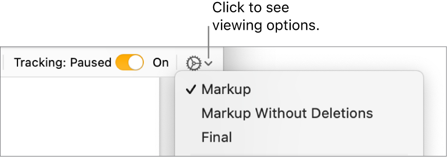 The review options menu showing Markup, Markup Without Deletions, and Final.