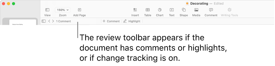 Pages toolbar at the top of the screen with buttons across the top for View, Zoom, Add Page, Insert, Table, Chart, Text, Shape, Media, and Comment. Below the Pages toolbar is the review toolbar with hide or show comments button, arrows to go to previous or next comment, total number of comments, and add comment or highlight buttons.