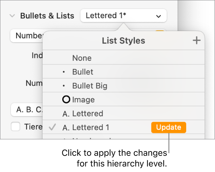 The List Styles pop-up menu with an Update button next to the name of the new style.