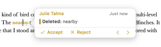 Deleted text with an open comment and Accept, Reject, and navigation arrows. The tracked change shows author name and date.