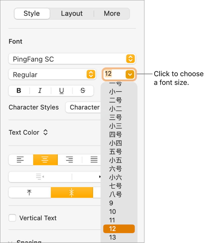 The Style section of the Format sidebar with the font size pop-up menu open. China mainland government standard font sizes appear at the top of the pop-up menu with point sizes below.