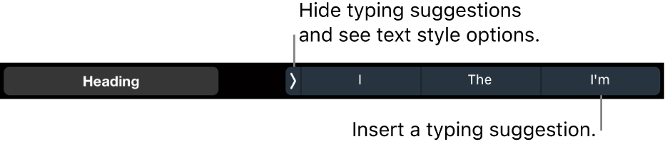 The MacBook Pro Touch Bar with controls for choosing a text style, hiding typing suggestions, and inserting typing suggestions.