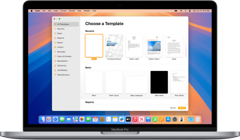 A MacBook Pro with the Pages template chooser open on the screen. The All Templates category is selected on the left and predesigned templates appear on the right in rows by category.