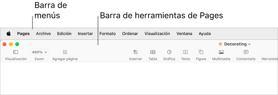 La barra de menús en la parte superior de la pantalla con los menús Apple, Pages, Archivo, Edición, Insertar, Formato, Ordenar, Visualización, Ventana y Ayuda. Debajo de la barra de menús se encuentra un documento de Pages abierto con botones de la barra de herramientas a lo largo de la parte superior, con las opciones Visualización, Zoom, Agregar página, Insertar, Tabla, Gráfica, Texto, Figura, Contenido multimedia, Compartir y Formato.