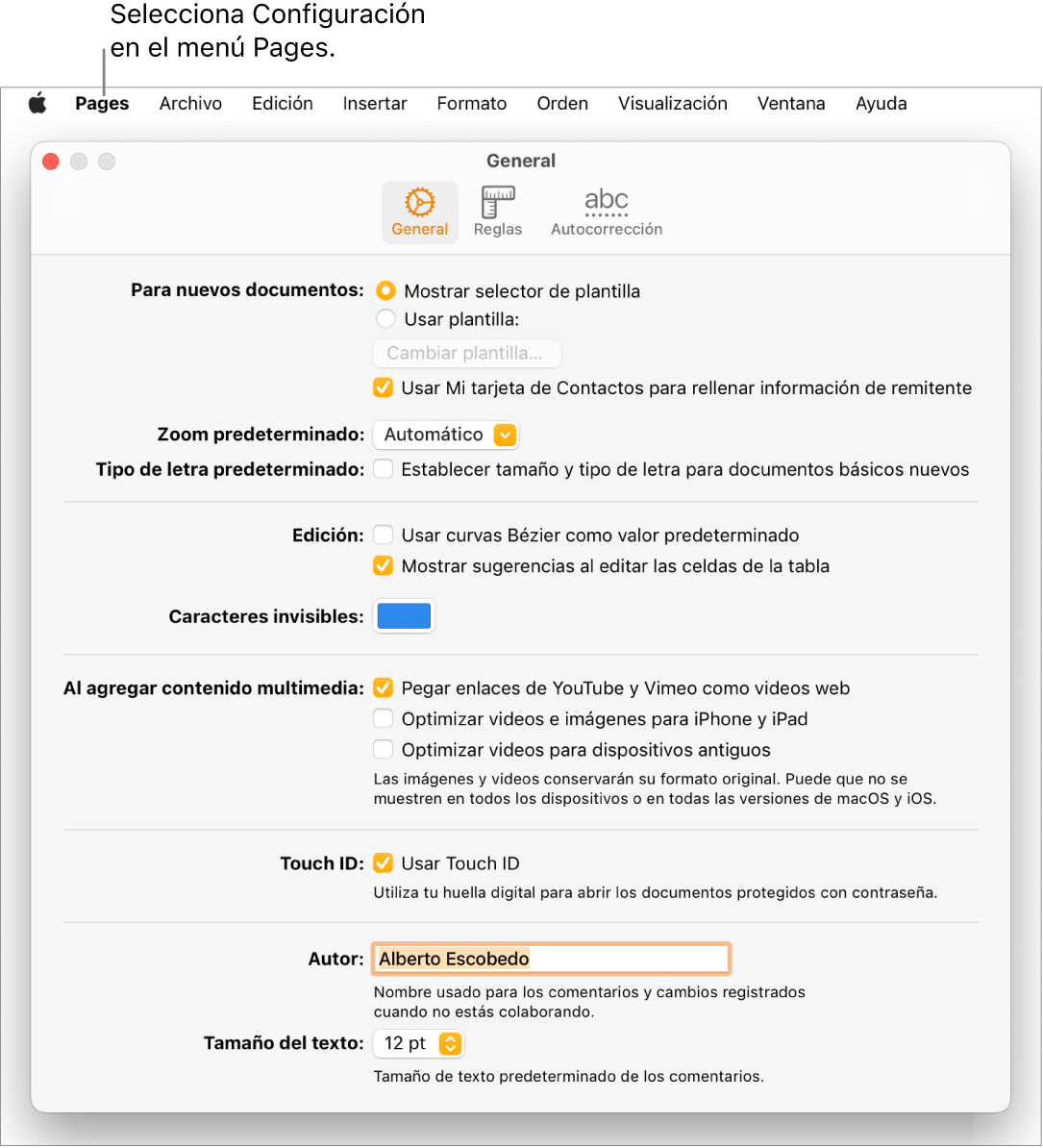 La ventana de configuración de Pages está abierta en el panel General, con configuraciones para documentos nuevos, el zoom y el tipo de letra predeterminado, la edición, las ecuaciones, los espacios invisibles, la adición de contenido, Touch ID, el nombre del autor y el tamaño de texto predeterminado.