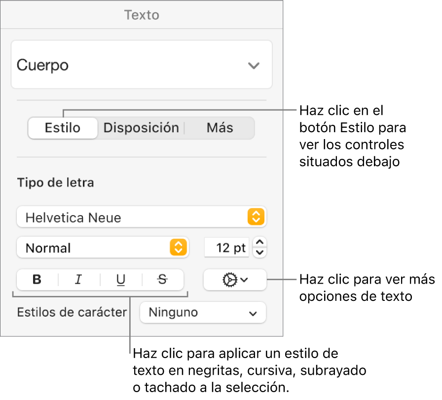 Los controles de Estilo de la barra lateral Formato con texto que indica los botones Negrita, Cursiva, Subrayado y Tachado.