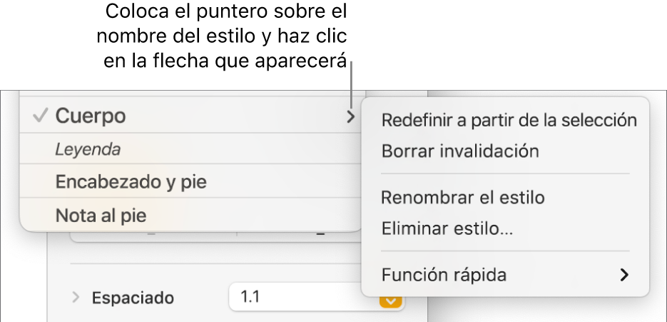 El menú de Estilos de párrafo con el menú de función rápida abierto.