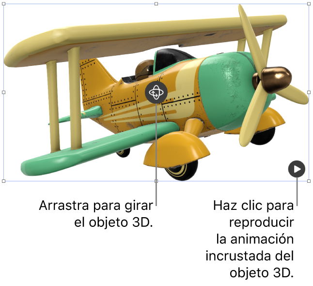 Un objeto 3D con el botón Girar en el centro del objeto y el botón Reproducir en la esquina inferior derecha.