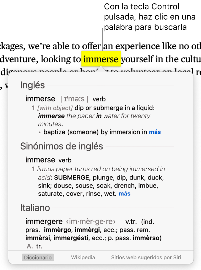 Un párrafo con una palabra resaltada y una ventana que muestra su definición y una entrada de diccionario de sinónimos. Botones en la parte inferior de la ventana proporcionan enlaces al diccionario, Wikipedia y los sitios web sugeridos por Siri.