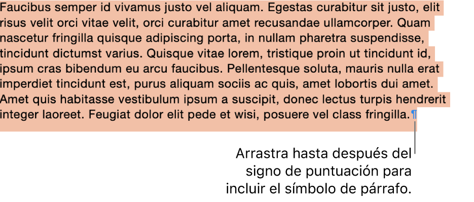 Un párrafo seleccionado, con el símbolo de párrafo incluido en la selección.
