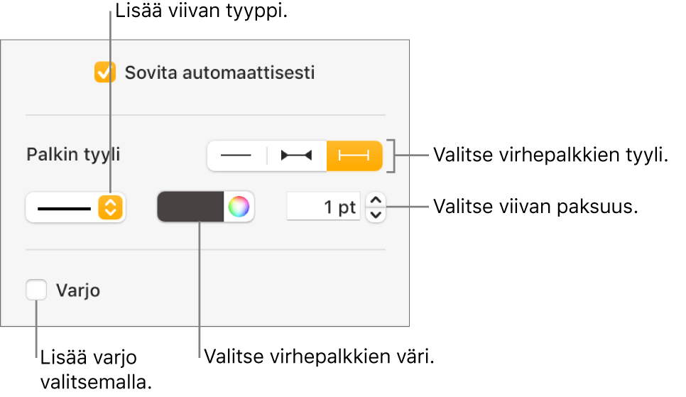 Virhepalkkien muotoilun säätimet.