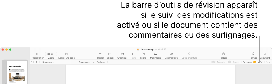 La barre d’outils de Pages avec le suivi des modifications activé et la barre d’outils de révision en dessous.