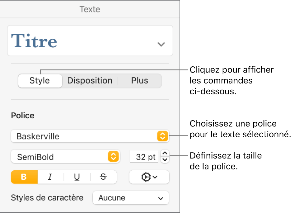 Commande de texte de la section Style de la barre latérale Format, permettant de configurer la police et la taille des caractères.