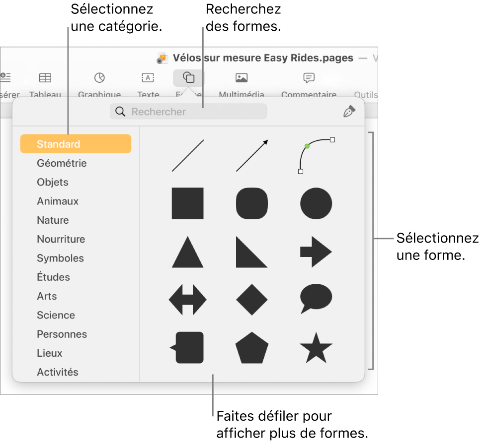 La bibliothèque de formes, avec les catégories répertoriées sur le côté gauche et les formes affichées sur le côté droit. Vous pouvez utiliser le champ de recherche situé en haut pour rechercher des formes. Vous pouvez également parcourir l’écran pour en trouver d’autres.