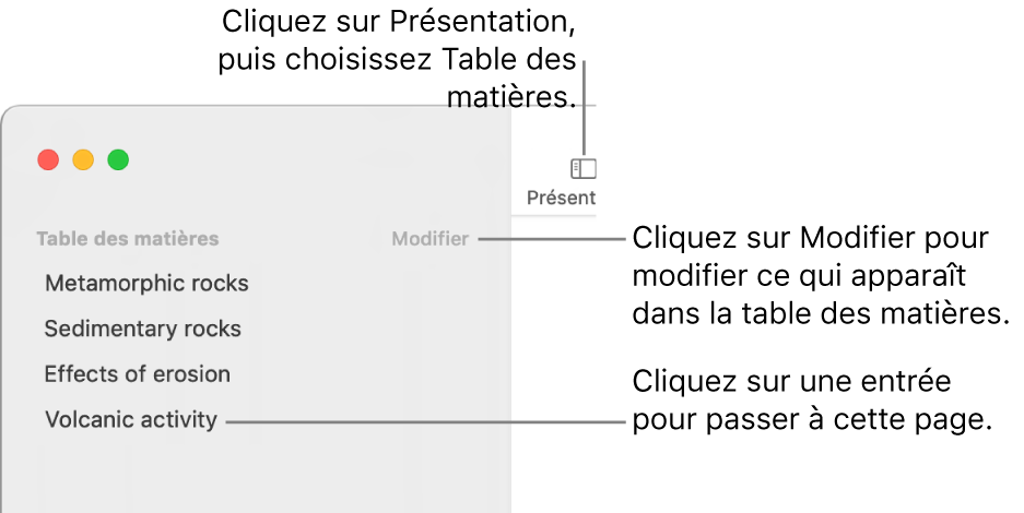 La table des matières du côté gauche de la fenêtre Pages avec un bouton Modifier dans le coin supérieur droit de la barre latérale et les entrées sous forme de liste. Le bouton Présentation se trouve dans le coin supérieur gauche de la barre d’outils Pages, au-dessus de la barre latérale.