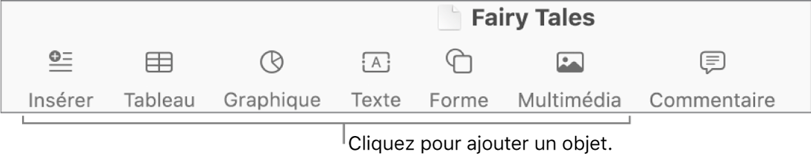 La barre d’outils avec des boutons permettant d’ajouter des tableaux, des graphiques, des zones de texte, des formes et du contenu multimédia.