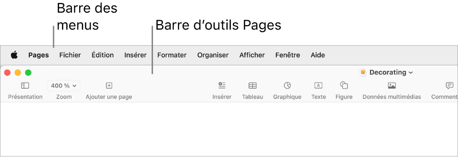 La barre des menus en haut de l’écran avec les menus Pomme, Pages, Fichier, Édition, Insertion, Format, Disposition, Présentation, Fenêtre et Aide. Sous la barre des menus, un document Pages ouvert avec une barre d’outils supérieure proposant les boutons Présentation, Zoom, Ajouter une page, Insérer, Tableau, Graphique, Texte, Figure, Données multimédias et Commentaire, Partager et Format.