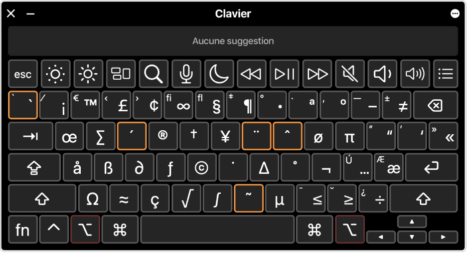 Le visualiseur de clavier ouvert avec les touches mortes mises en surbrillance.