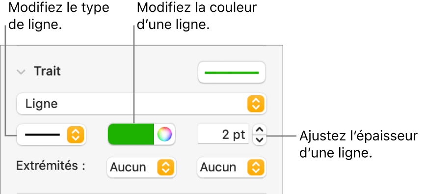 Les commandes de trait permettant de définir des extrémités, l’épaisseur du trait et sa couleur.