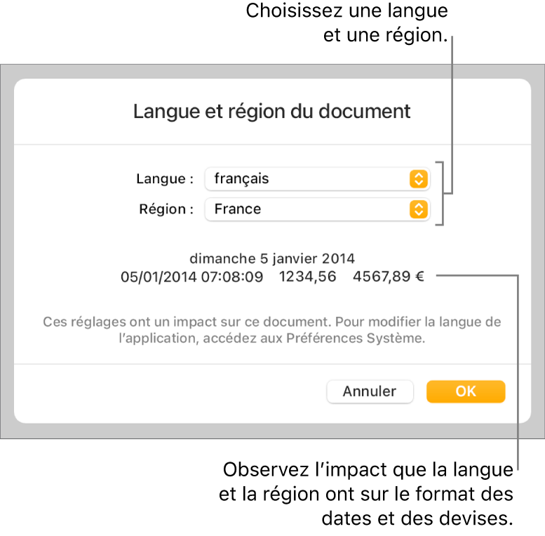 La sous-fenêtre « Langue et région » présentant des commandes de langue et de région, ainsi qu’un exemple de mise en forme comprenant date, heure, affichage des décimales et devise.