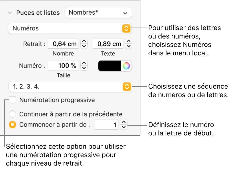 Commandes de modification du style de numérotation et de l’espacement d’une liste.