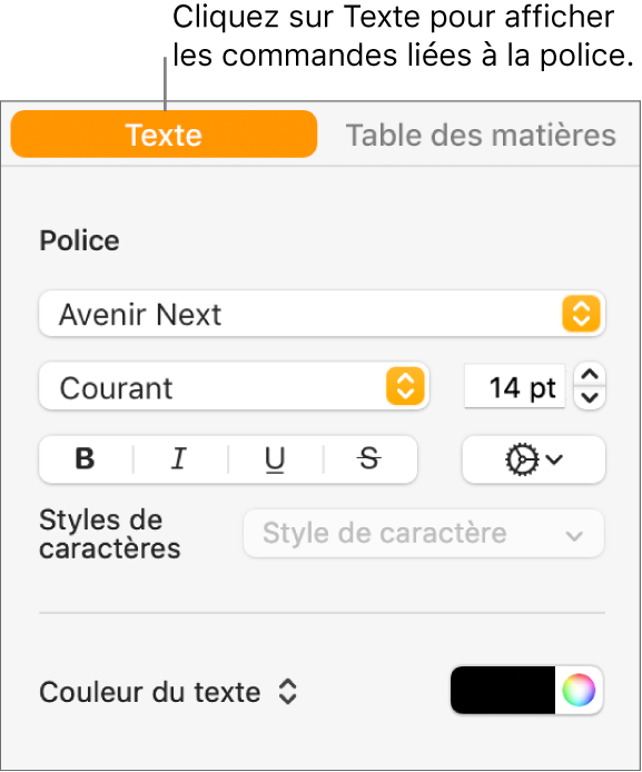 Barre latérale Format avec l’onglet Texte sélectionné et les commandes de police pour modifier la police et la taille de la police et pour ajouter des styles de caractère.