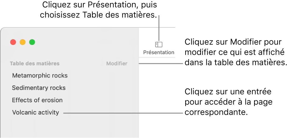 La table des matières à gauche de la fenêtre Pages avec un bouton Modifier dans le coin supérieur droit de la barre latérale et les entrées de la table des matières dans une liste.