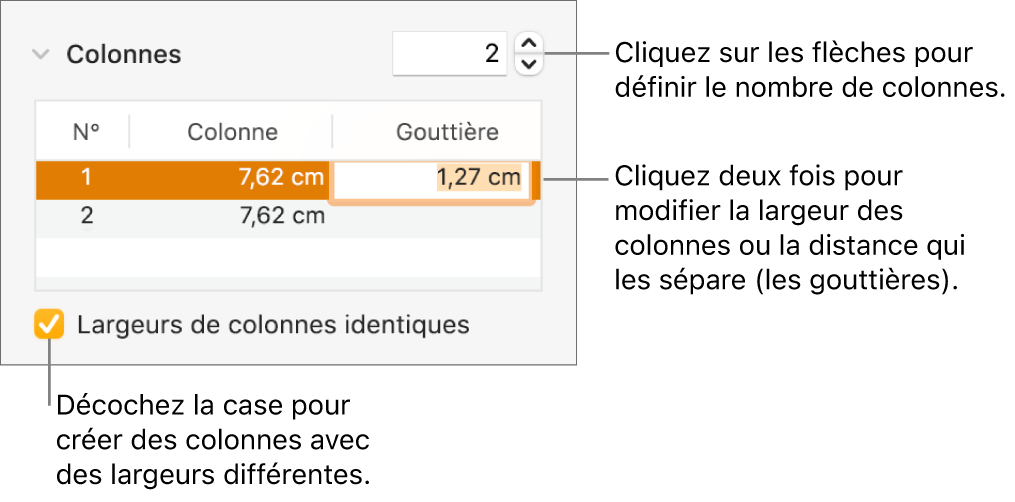 Sous-fenêtre Disposition de l’inspecteur Format, affichant les commandes de colonne.