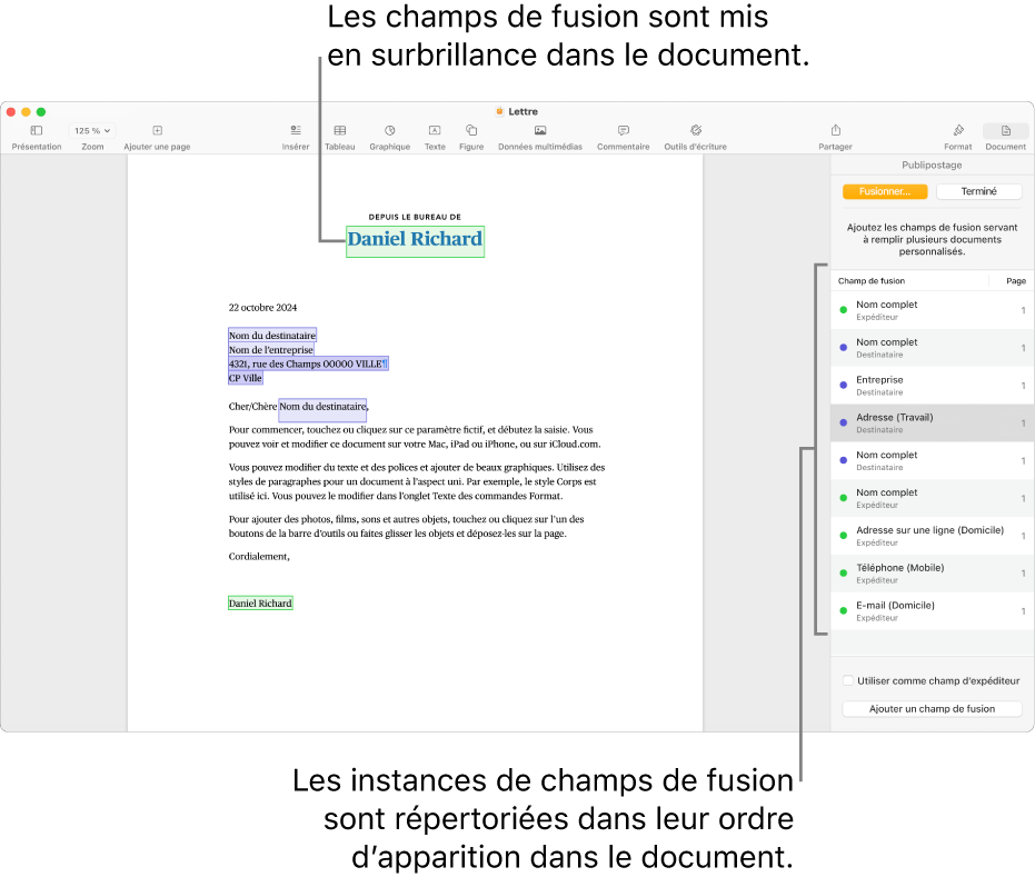 Document Pages avec des champs de fusion de destinataire et d’expéditeur, ainsi que la liste des instances de champs de fusion visible dans la barre latérale Document.