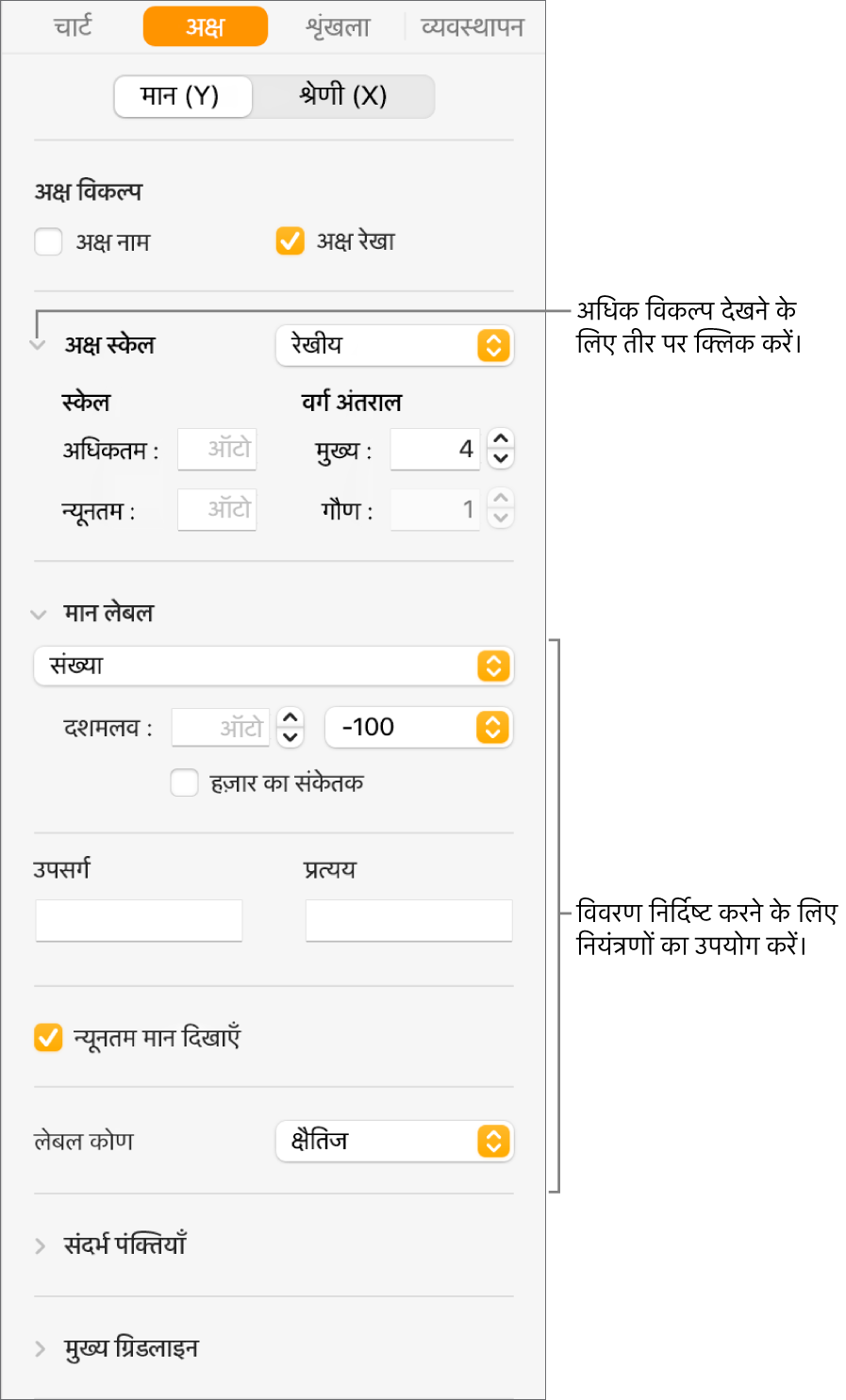 चार्ट अक्ष चिह्नों के फ़ॉर्मैट के लिए नियंत्रण।