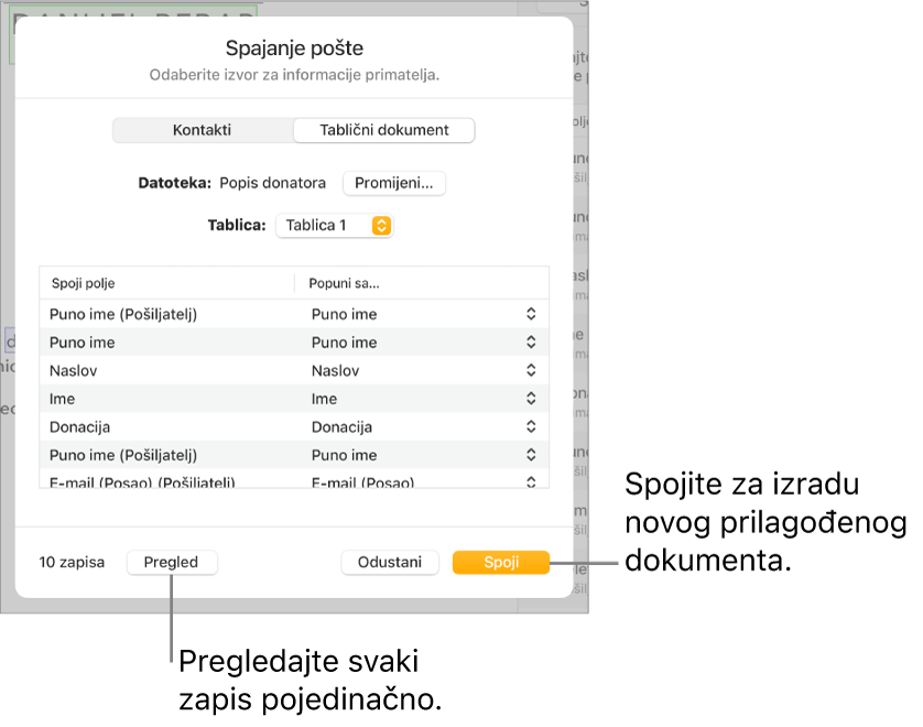 Otvoren je prozor spajanja pošte, s opcijama za promjenu izvorišne datoteke ili tablice, pretpregled naziva polja spajanja ili pojedinačnih zapisa ili spajanje dokumenta.