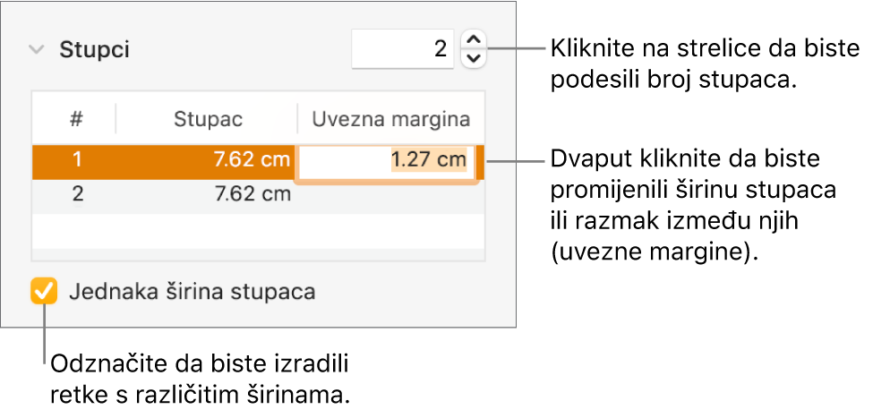 Prozor Raspored u Inspektoru formata, s prikazanim kontrolama stupca.