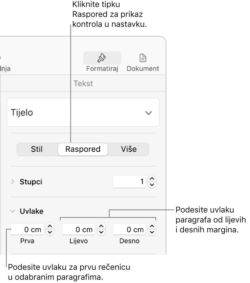 Kontrole u odjeljku Raspored u rubnom stupcu Format za podešavanje uvlake prvog reda.