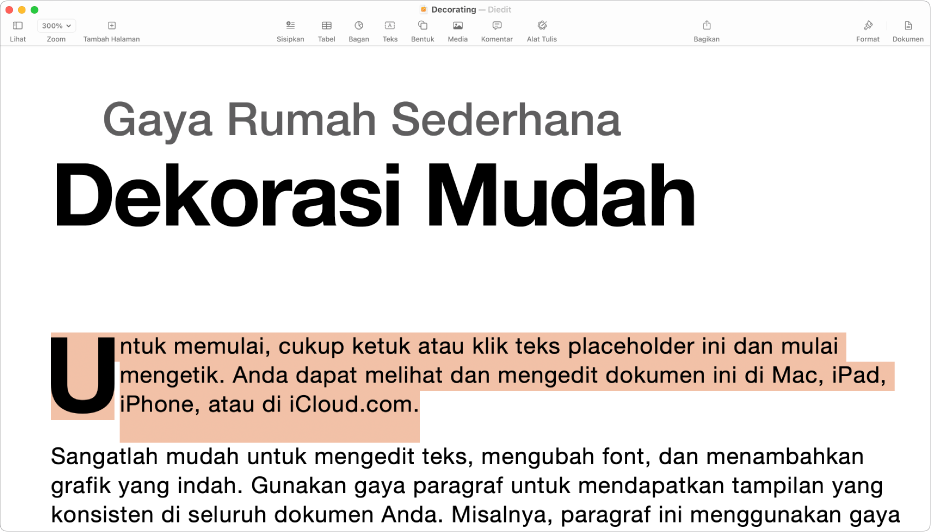 Dokumen terbuka dengan teks placeholder template dipilih.