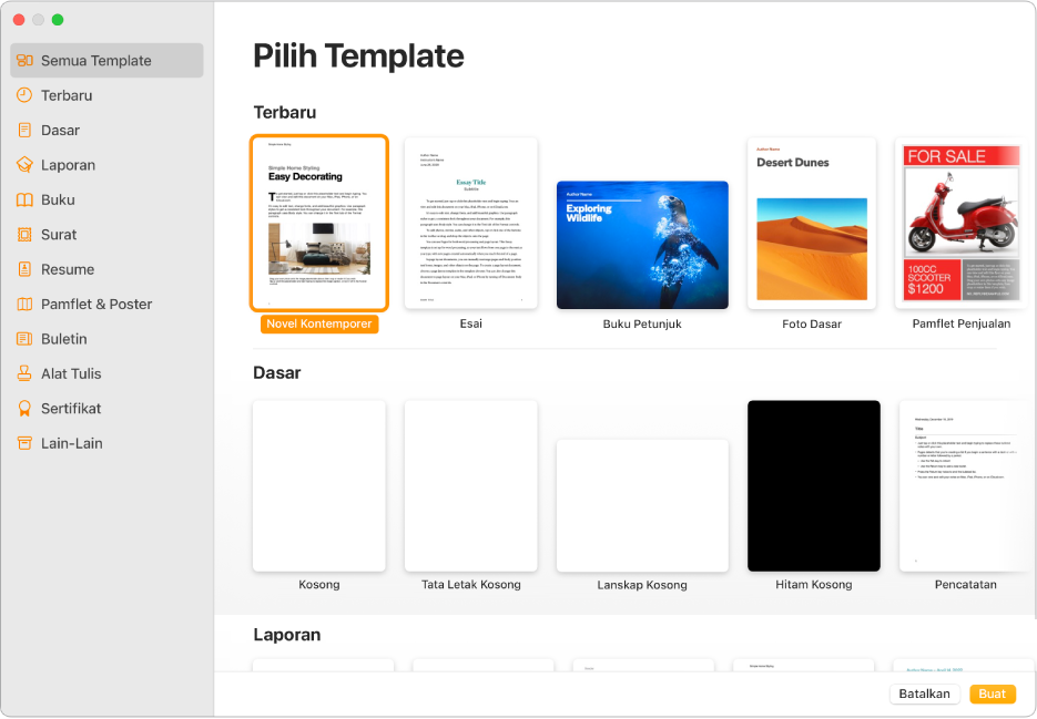 Pemilih template. Bar samping di sebelah kiri mencantumkan kategori template yang dapat Anda klik untuk memfilter pilihan. Di sebelah kanan terdapat gambar mini template yang dirancang sebelumnya, yang diatur dalam baris menurut kategori. Tombol Batal dan Buat ada di pojok kanan bawah.