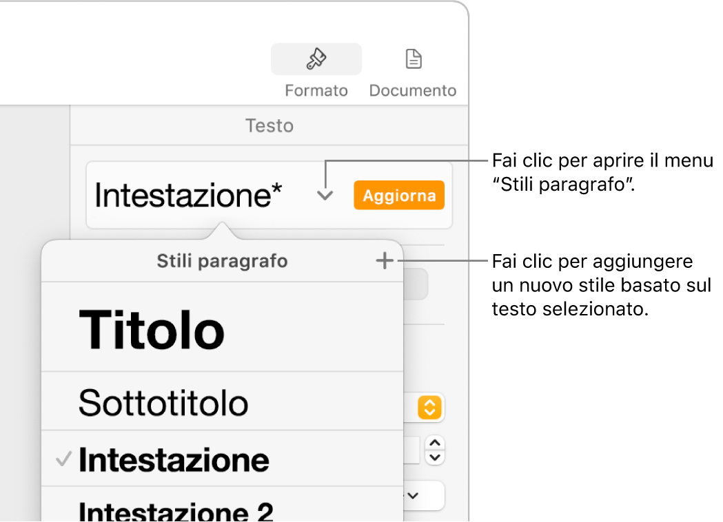 Il menu “Stili Paragrafo”, in cui vengono visualizzati i controlli per aggiungere o modificare uno stile.