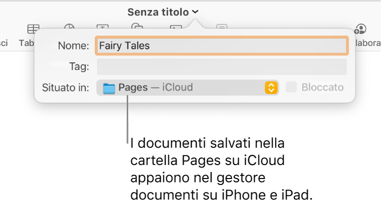 Finestra di dialogo Salva per un documento con “Pages - iCloud” nel menu a comparsa Dove.