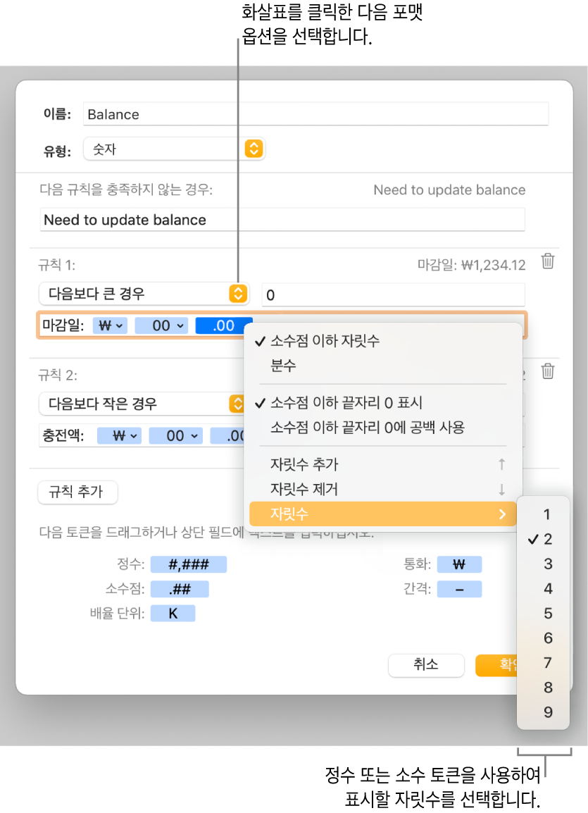 사용자 설정 포맷 옵션 선택을 위한 제어기가 있는 사용자 설정 셀 포맷 윈도우.