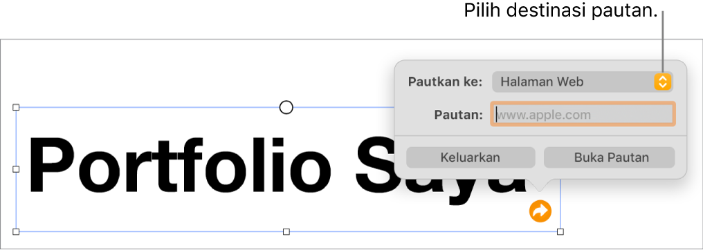 Kawalan editor pautan dengan Halaman Web dipilih dan butang Keluarkan serta Buka Pautan di bahagian bawah.