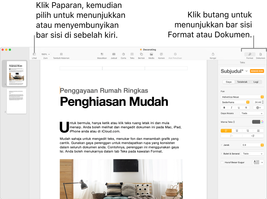 Tetingkap Pages dengan petak bual ke butang menu Paparan dan butang Format dan Dokumen dalam bar alat. Bar sisi dibuka di sebelah kiri dan kanan.