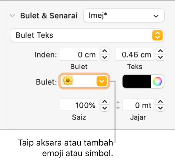 Bahagian Bulet & Senarai daripada bar sisi Format. Medan Bulet menunjukkan emoji bunga.