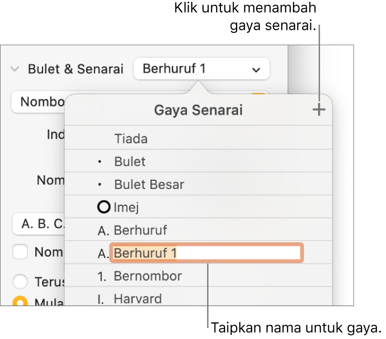 Menu timbul Gaya Senarai dengan butang Tambah di penjuru kanan atas dan nama gaya ruang letak dengan teksnya dipilih.