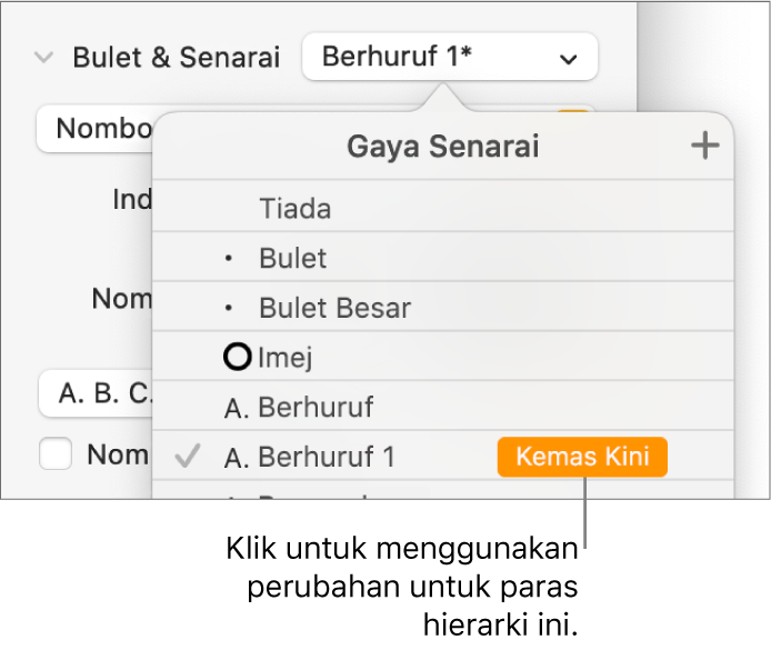 Menu timbul Gaya Senarai dengan butang Kemas Kini bersebelahan nama gaya baharu.