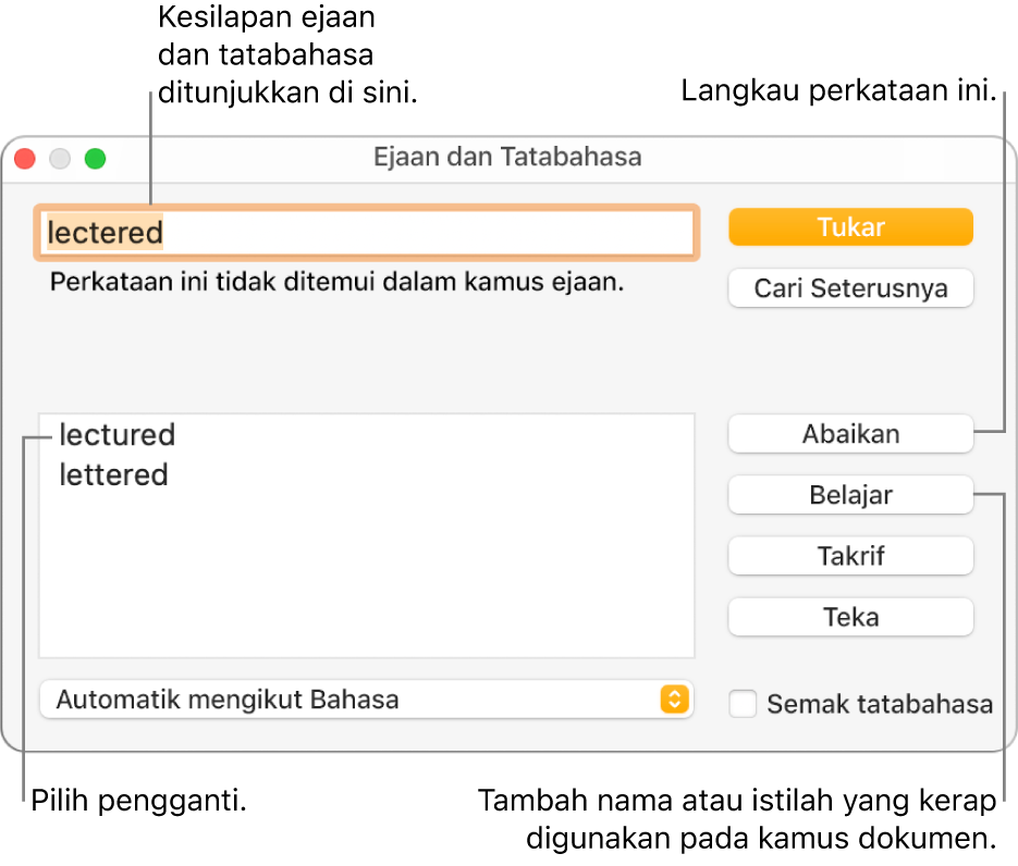 Tetingkap Ejaan dan Tatabahasa.