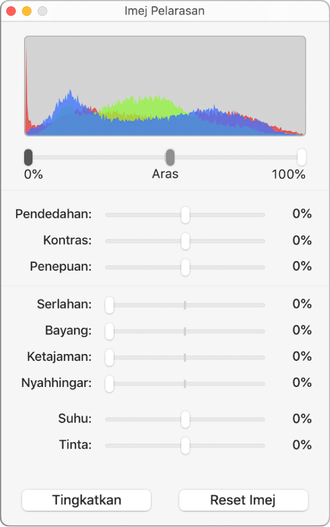 Tetingkap Laraskan Imej dengan gelangsar untuk mengesetkan pendedahan, kontras, ketepuan, serlahan, bayang, ketajaman, nyahhingar, suhu dan tinta.