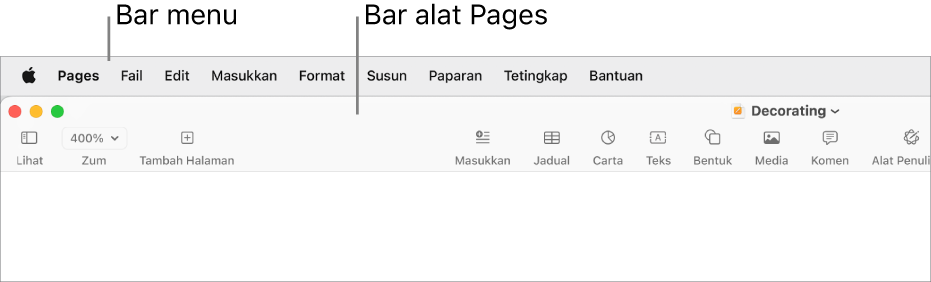 Bar menu di bahagian atas skrin dengan menu Apple, Pages, Fail, Edit, Masukkan, Format, Susun, Paparan, Kongsi, Tetingkap dan Bantuan. Di bawah bar menu ialah dokumen Pages terbuka dengan butang bar alat merentas bahagian atas untuk Paparan, Zum, Tambah Halaman, Masukkan, Jadual, Carta, Teks, Bentuk, Media dan Komen.