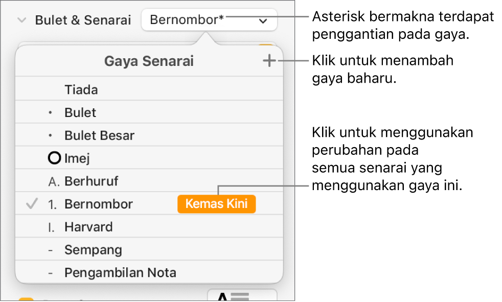 Menu timbul Gaya Senarai dengan asterisk yang menunjukkan penggantian dan petak bual pada butang Gaya Baharu dan submenu pilihan untuk menguruskan gaya.