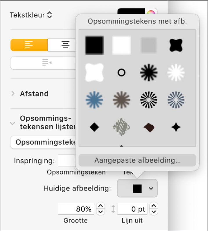 Het pop‑upmenu 'Opsommingstekens met afb.'.