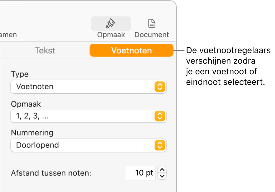 Het paneel 'Voetnoten' met pop‑upmenu's voor type, opmaak, nummering en ruimte tussen voetnoten.