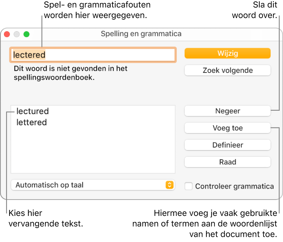 Het venster 'Spelling en grammatica'.